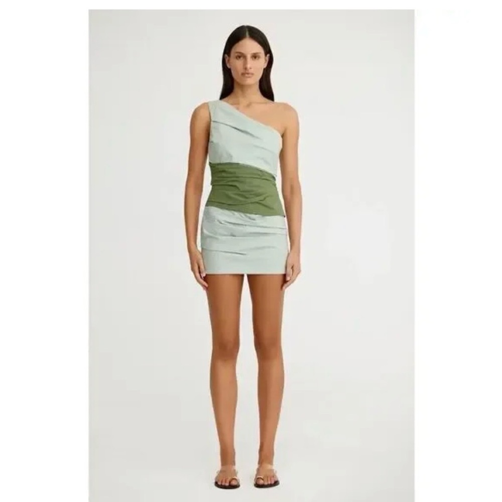 Significant Other One-Shoulder Green Block Cecelia Mini Pesto Splice Green Dress